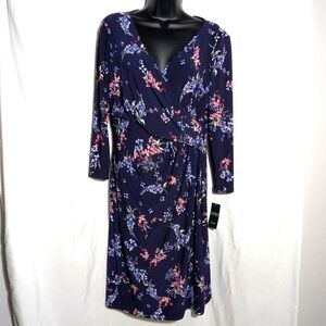 NWT Lauren Ralph Lauren Navy‎ Floral Midi Faux Wrap Long Sleeve Dress, Sz 10
